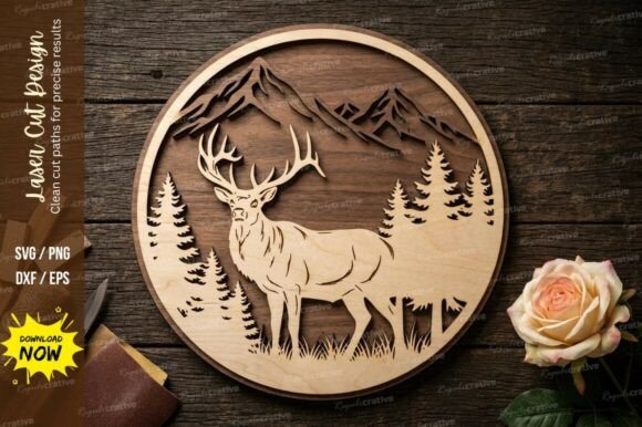 Deer Forest Mountain Laser Cut SVG: Nature-Inspired Décor for Creative Projects